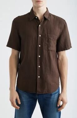 Thom Aaron L Shirt Button Up Down Brown 100% Linen Short Sleeve Casual Luxury